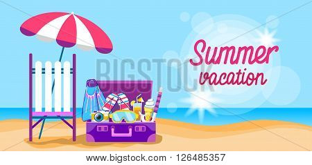 Summer Beach Vacation Set Sand Tropical Banner Flat Vector Illustration