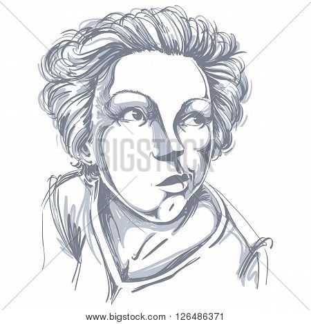 Graphic Vector Hand-drawn Illustration Of White Skin Attractive Dazed Lady With Stylish Haircut. Peo