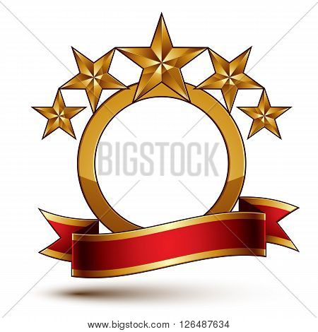 Majestic Vector Golden Ring Isolated On White Background, 3D Polished Five Golden Stars. Heraldic Br
