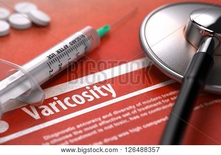 Varicosity - Printed Diagnosis with Blurred Text on Orange Background and Medical Composition - Stethoscope, Pills and Syringe. Medical Concept. 3D Render.