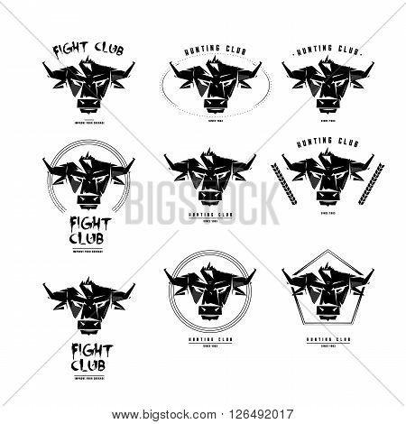 Black and white monochrome emblem, symbol, logotype, sign, badge, sticker, poster of a bull, buffalo, cow. Identity, T-shirt, textile, cloth, apparel, tattoo, print usage