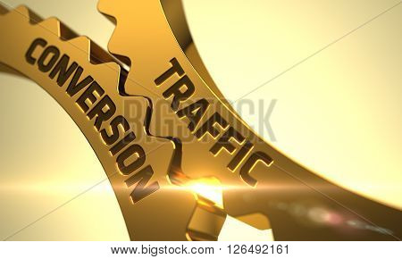 Traffic Conversion on Mechanism of Golden Cog Gears with Lens Flare. Traffic Conversion on the Mechanism of Golden Metallic Cog Gears. Traffic Conversion on the Golden Metallic Cogwheels. 3D Render.