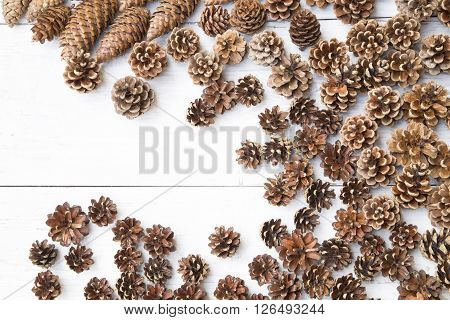 Pine cones on a white wooden background