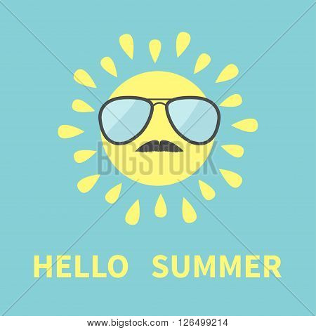 Sun shining icon. Sun face with sunglassess and mustaches. Cute cartoon funny smiling character moustaches. Hello summer. Blue background. Isolated. Flat design Vector illustration