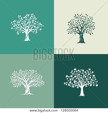 Beautiful oak, olive and maple trees silhouette set on green background. Modern isolated vector sign. 
Premium quality illustration logo design concept.