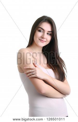 Young spa woman touching her face after beauty treatment