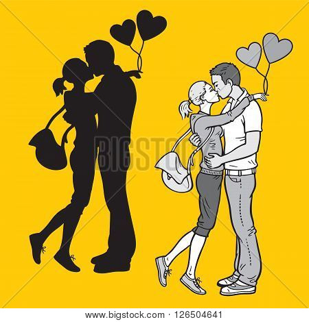 Silhouette and monochromatic illustration of lovers kissing