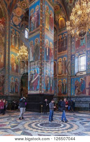 ST. PETERSBURG, RUSSIA -APRIL 15, 2016: Interior of Church of the Saviour on Spilled Blood.   Church was built on the site where Emperor Alexander II was fatally wounded in March 1881