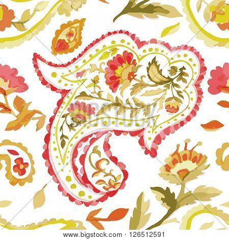 Watercolor Paisley Seamless Background on White. Cold Colors. Indian, Persian or Turkish Art. Vector Handdrawn Pattern.