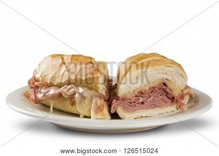Mortadella traditional Italian sausage sandwich. White background.