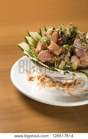 Bowl Of Chirashi Sushi With Mixed Raw Fish And Salmon