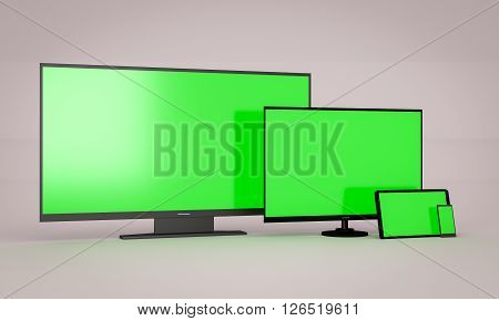green chromakey tv monitor tablet and phone mockup