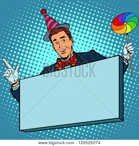 Circus poster clown promoter pop art retro style. The background for the text. Entertainment and concerts. Shows and festivals