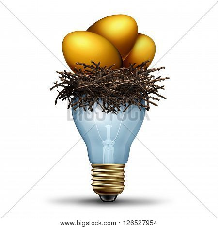 Retirement savings idea as a financial concept for finance planning as a golden nest egg resting in a light bilb as a banking and wealth management solution as a 3D illustration.