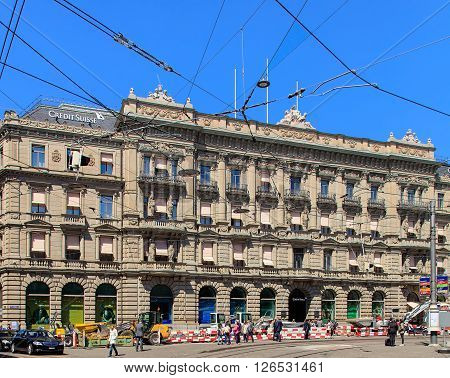 Zurich, Switzerland - 20 April, 2016: road works on Paradeplatz square in front of the Credit Suisse office building. Zurich is the largest city in Switzerland and the capital of the Swiss canton of Zurich.