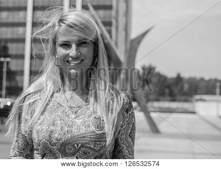 beautiful woman with long blond hair outdoors