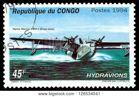 STAVROPOL RUSSIA - MARCH 30 2016: A stamp printed in Republic of the Congo shows Martin Mariner PBM-3 bomber seaplane USA 1940 cirka 1994