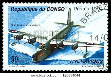 STAVROPOL RUSSIA - MARCH 30 2016: A stamp printed in Republic of the Congo shows Short Sunderland flying boat Creat Britain 1938 cirka 1994