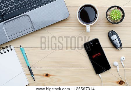 CHIANGMAI THAILAND -JANUARY 252016:Iphone 5s open Netflix application. Netflix is an American provider of on-demand Internet streaming media available founded in 1997 by Marc Randolph and Reed Hastings