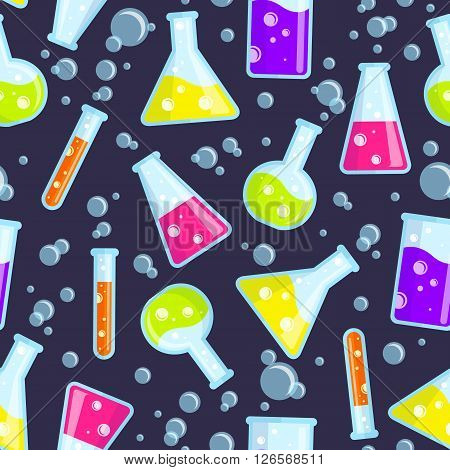 Seamless pattern of the test tubes beakers flasks and bubbles. Good for use in the medical chemical scientific field. Vector background.