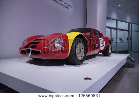 Los Angeles, CA, USA -- April 16, 2016: One of only 12 built and raced by Aldo Bardelli, this 1967 Alfa Romeo Guilia TZ2 is part of the collection of David Sydorick at the Petersen Automotive Museum in Los Angeles, California, United States.