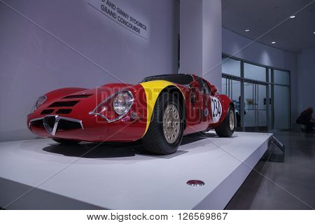 Los Angeles, CA, USA -- April 16, 2016: One of only 12 built and raced by Aldo Bardelli, this 1967 Alfa Romeo Guilia TZ2 is part of the collection of David Sydorick at the Petersen Automotive Museum in Los Angeles, California, United States.