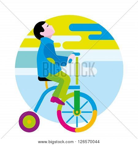 Boy on a winged bicycle. Autumn, illustration