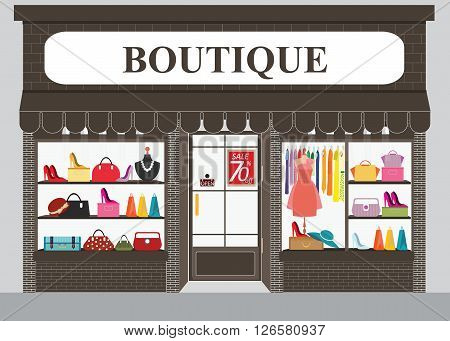 Clothing store building and interior with products on shelves Shopping fashion bags shoes accessories on sale shopping vector illustration.