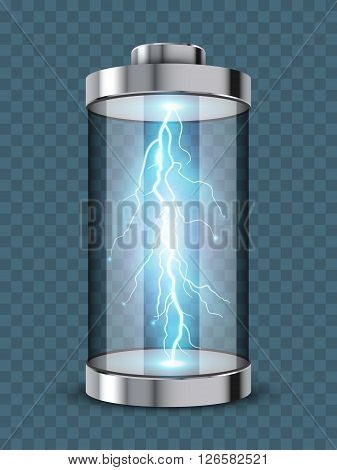 Concept of energy. Transparent battery with lightning inside. Compact power