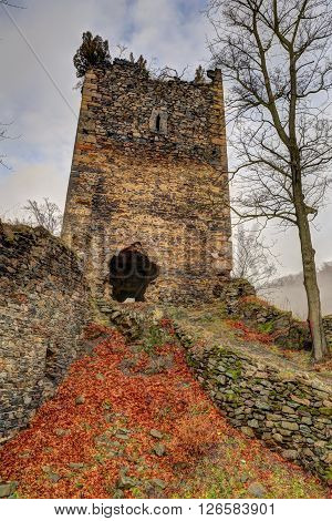 Castle tower by the tree on the hill covered by foliage
