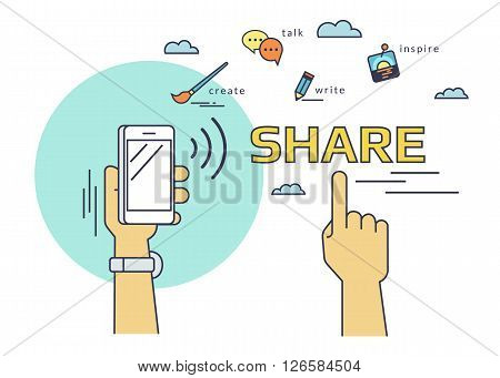 Flat line contour illustration of human hand holds a smartphone and  sharing data and mobile apps via nfc function. Illustration on red background