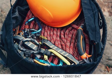 Set of outfit for climbing and mountaineering sport in a bag outdoor