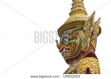 the side of face of Ramayana in the Buddha temple at BangkokThailand with the white background