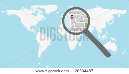 World map and direction with pin under magnifier