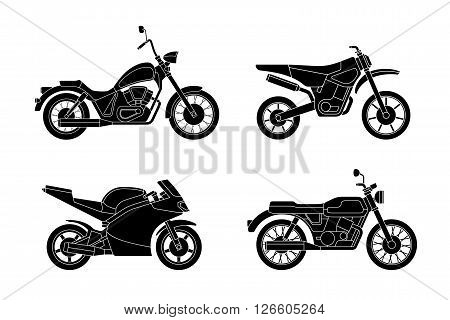 Motorcycles set. Vector silhouettes of different type motorcycles.