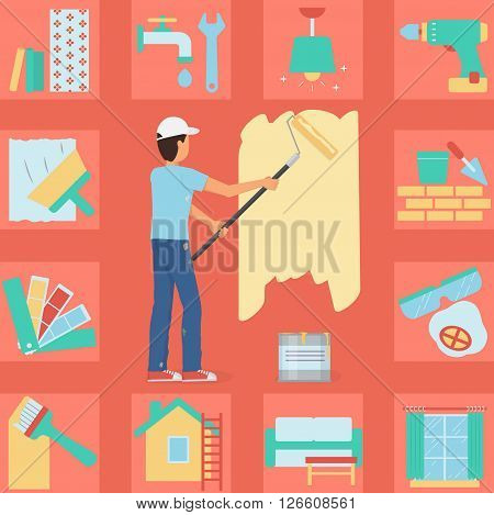 Illustration of a worker man painting a wall with a roller and paint bucket. Bonus: house repair and decoration icon set. Flat minimalistic style.