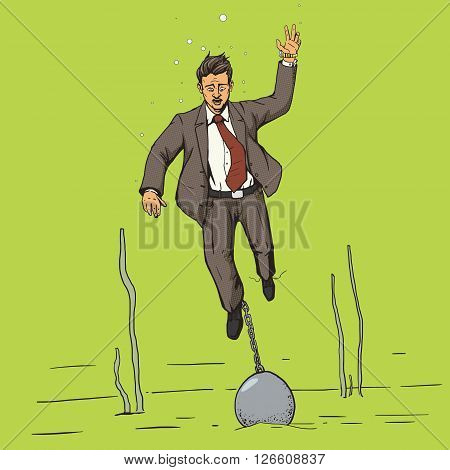 Businessman sinks with weight cartoon comic pop art vector illustration. Human illustration. Comic book style imitation. Vintage retro style. Conceptual illustration