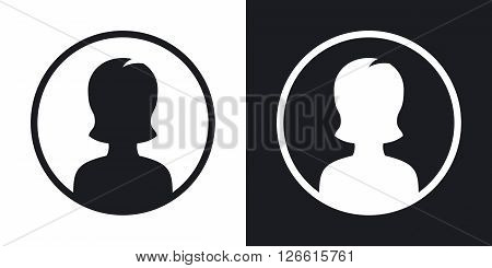 Female user icon vector illustration. Two-tone version on black and white background