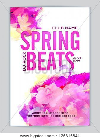 Spring Beats Musical Party Template, Dance Party Flyer, Night Party Banner or Club Invitation Card with beautiful flowers and abstract design decoration.