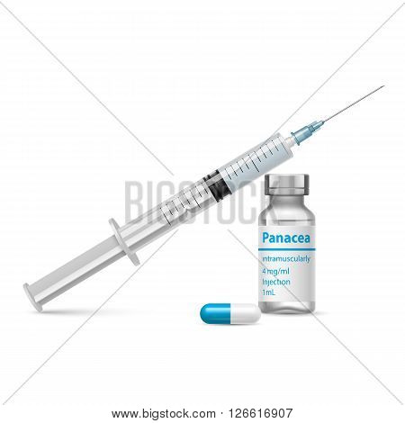 Syringe pills and panaceas ampoule isolated on white