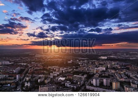 Wroclaw city under sunset panoramic air view. Poland Europe.
