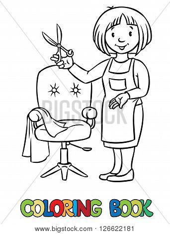 Coloring book of funny woman hairdresser with scissors near the barber chair in round frame with cartouche. Profession ABC series. Children vector illustration.