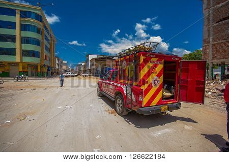 Portoviejo, Ecuador - April, 18, 2016: Rescue and order personnel working in the afetermath of 7.8 earthquake that destroyed the city center, and most of the Manabi province.