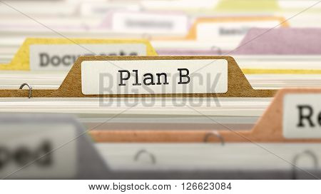 Folder in Colored Catalog Marked as Plan B Closeup View. Selective Focus. 3D Render.
