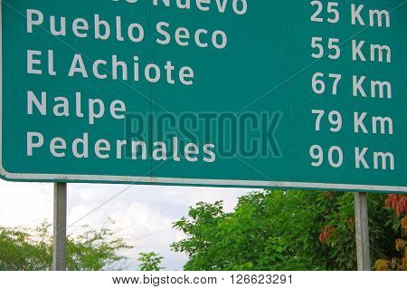 Portoviejo, Ecuador - April, 18, 2016: Street sign showing towns in the Manabi province that have been affected by the 7.8 earthquake