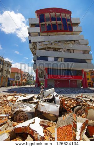 Portoviejo, Ecuador - April, 18, 2016: Building showing the aftereffect of 7.8 earthquake that destroyed the city center.