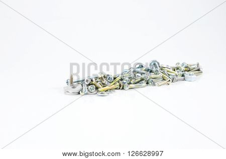 Screw nut bolt select focus on white background