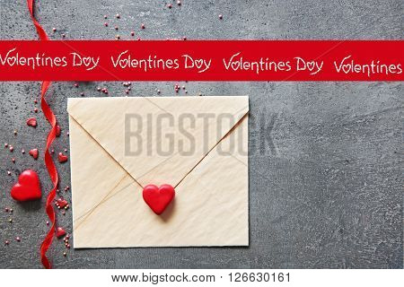 Blank present Valentine card with small hearts on grey textured background