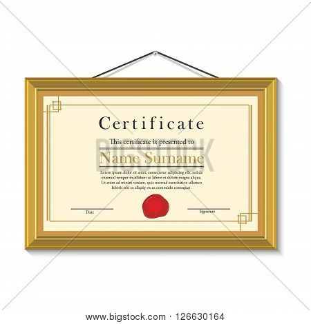 Vector illustration of certificate template with red wax stamp in golden picture frame hanging on the wall. Certificate border. Modern certificate