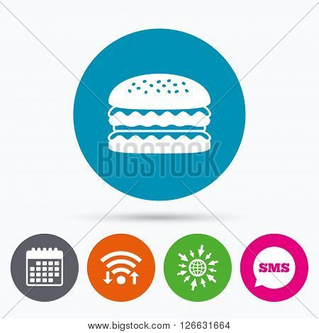 Wifi, Sms and calendar icons. Hamburger icon. Burger food symbol. Cheeseburger sandwich sign. Go to web globe.